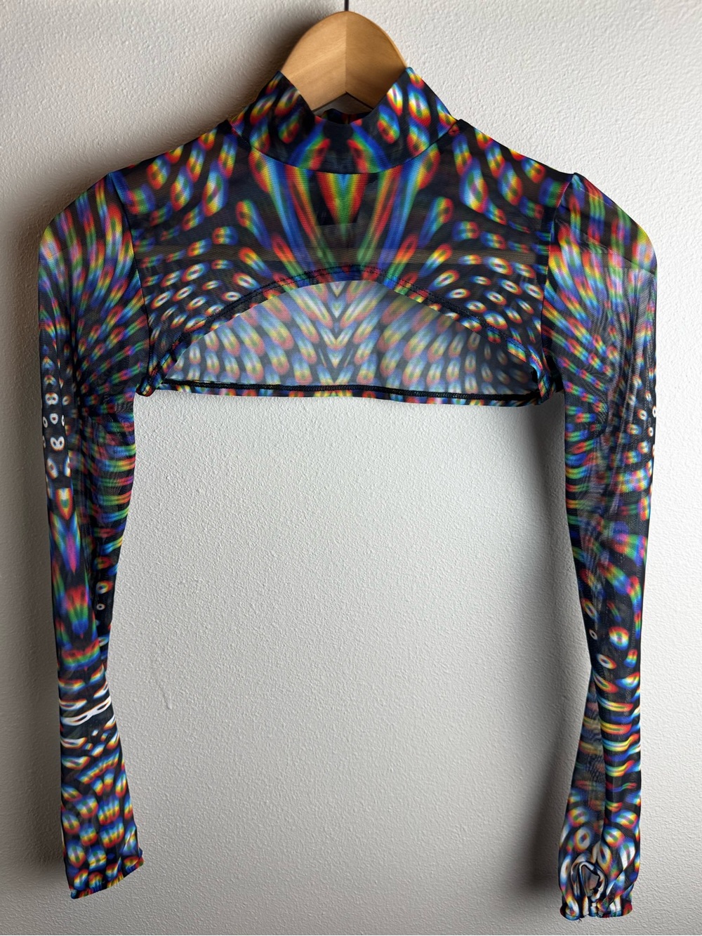 Badinka Sheer Rainbow Abstract Long Sleeve Mock Turtle Neck Shrug Top